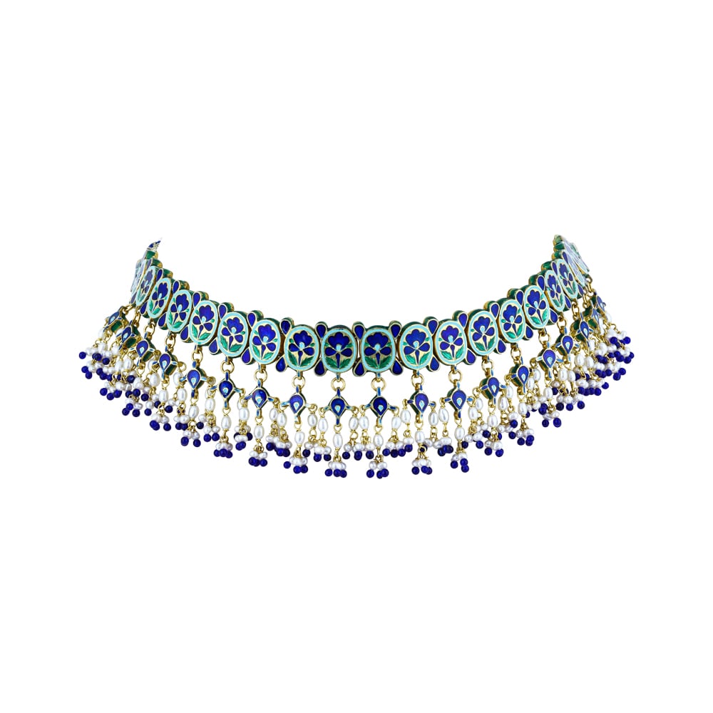 Polki Choker with Enamel, Pearl Bunches, and Blue Bead Accents